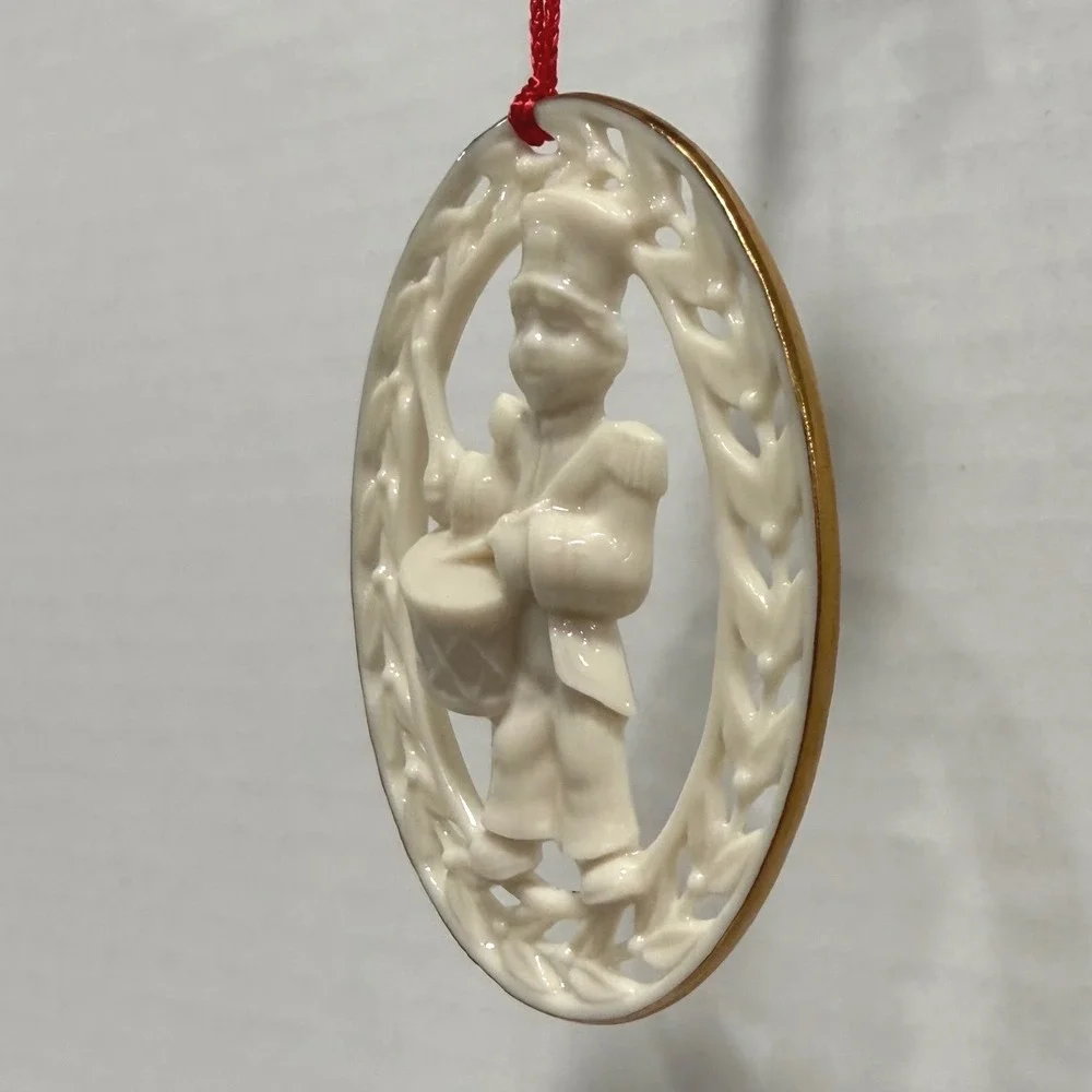 Vintage Lenox Porcelain Little Drummer Boy Christmas Ornament Oval Gold Trim 3